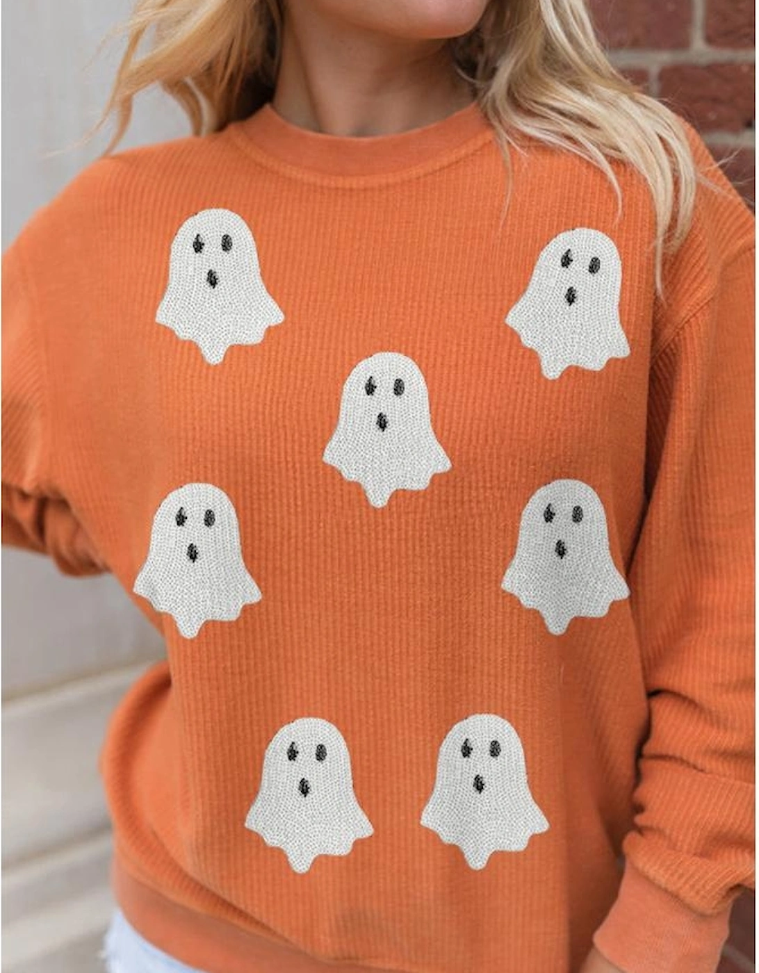 Orange Twisted Ribbed Texture Halloween Ghost Sequin Patched Sweatshirt, 8 of 7