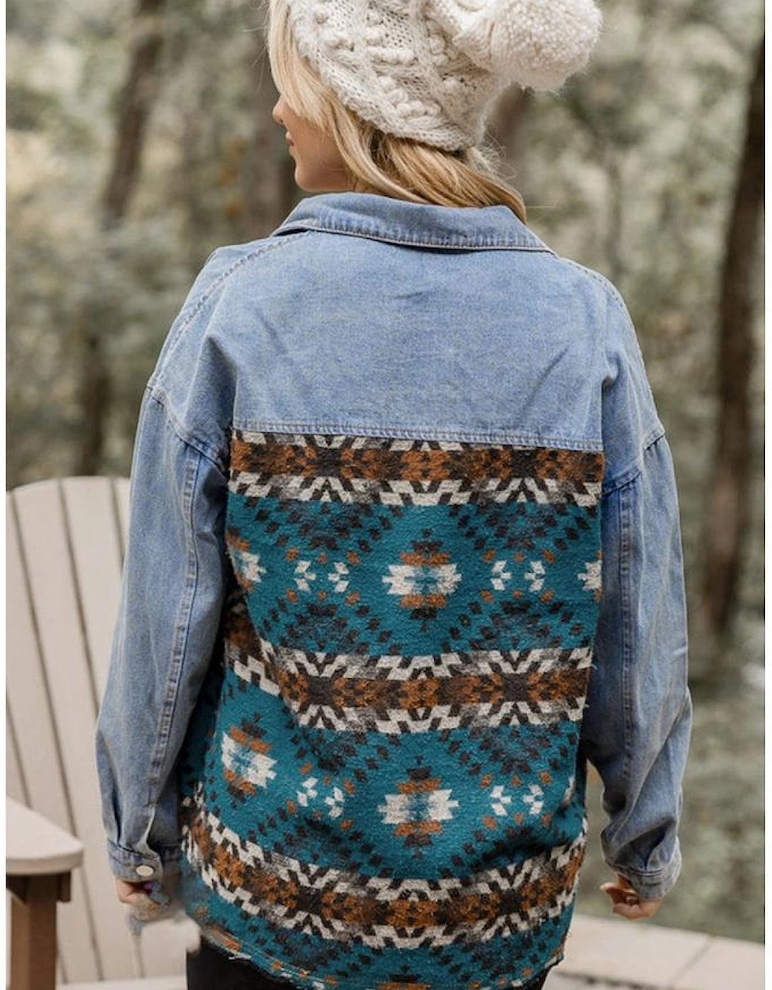 Blue Aztec Printed Denim Jacket