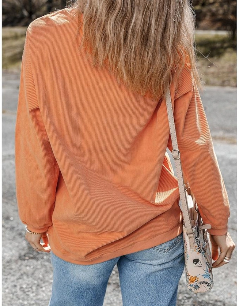 Orange Twisted Ribbed Texture Halloween Ghost Sequin Patched Sweatshirt