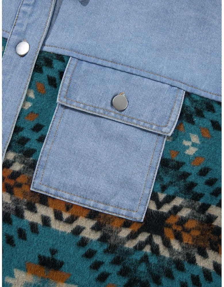 Blue Aztec Printed Denim Jacket