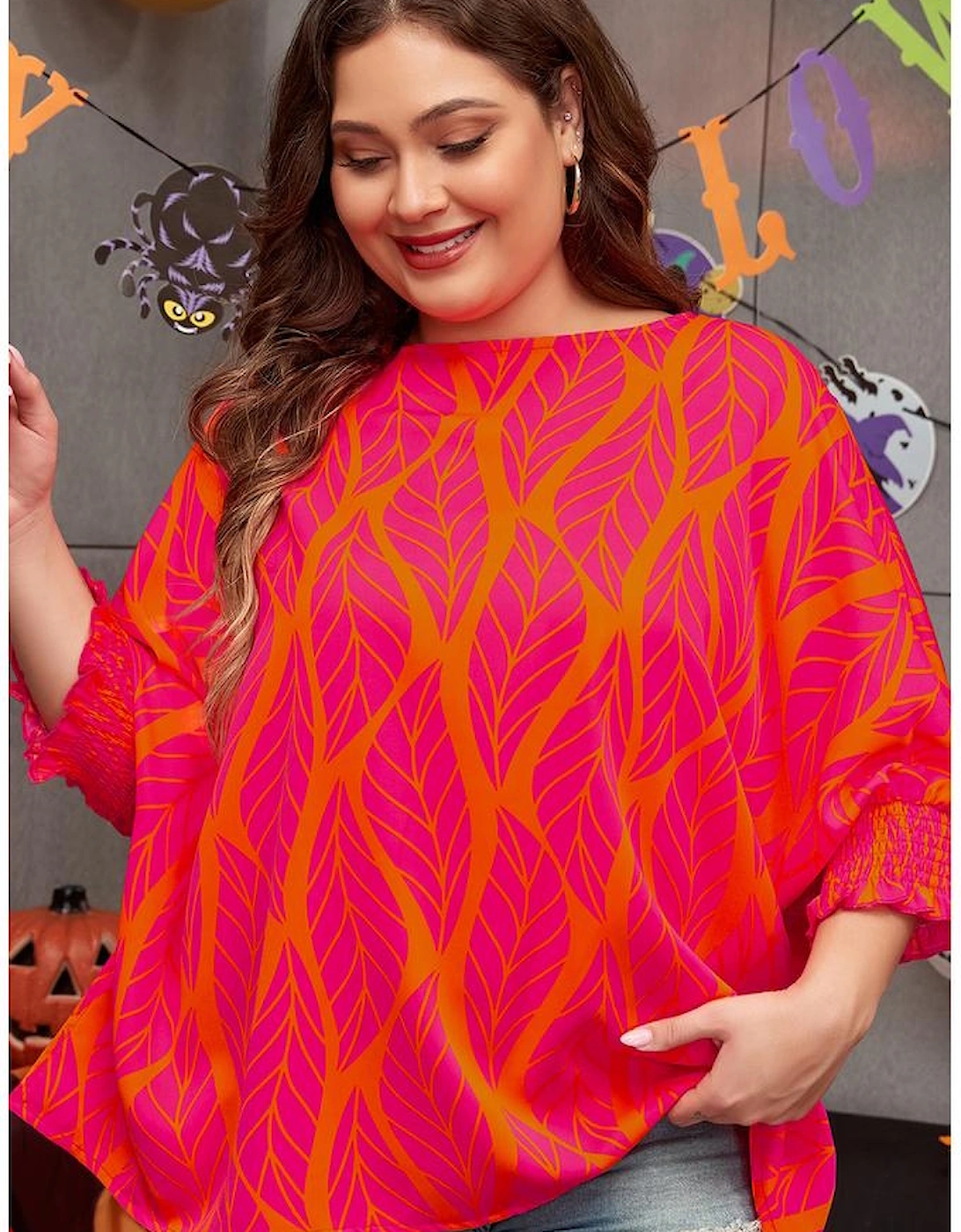 Rose Leafy Printed Smocked Lantern Sleeve Plus Size Blouse