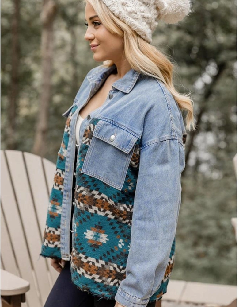 Blue Aztec Printed Denim Jacket