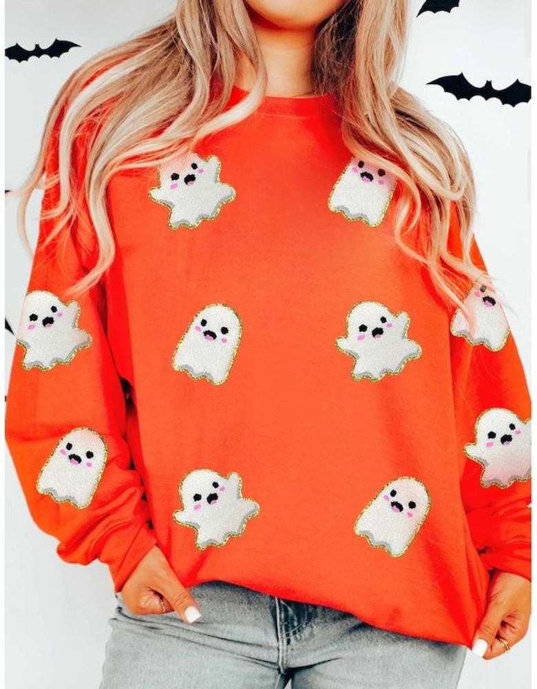 Orange Halloween Ghost Cute Patched Pattern Holiday Sweatshirt