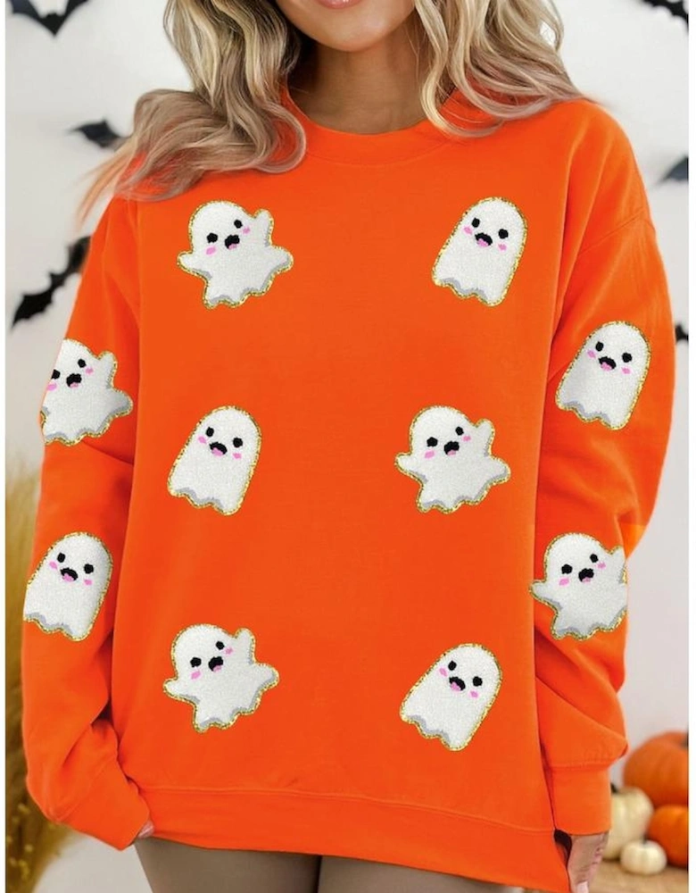Orange Halloween Ghost Cute Patched Pattern Holiday Sweatshirt