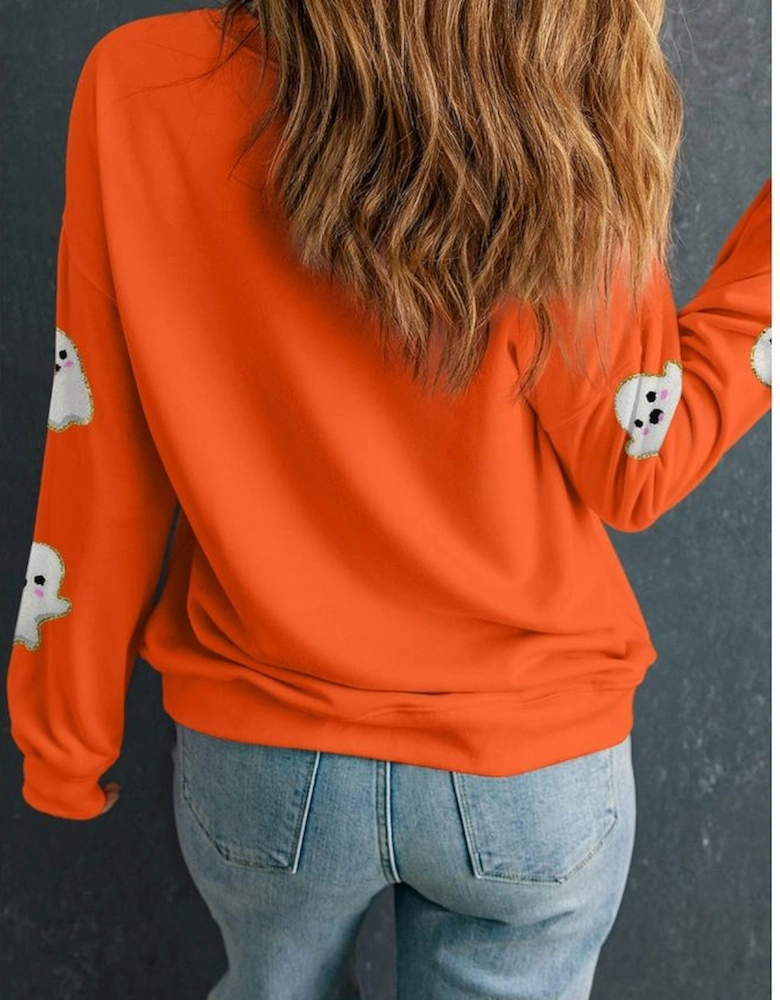 Orange Halloween Ghost Cute Patched Pattern Holiday Sweatshirt