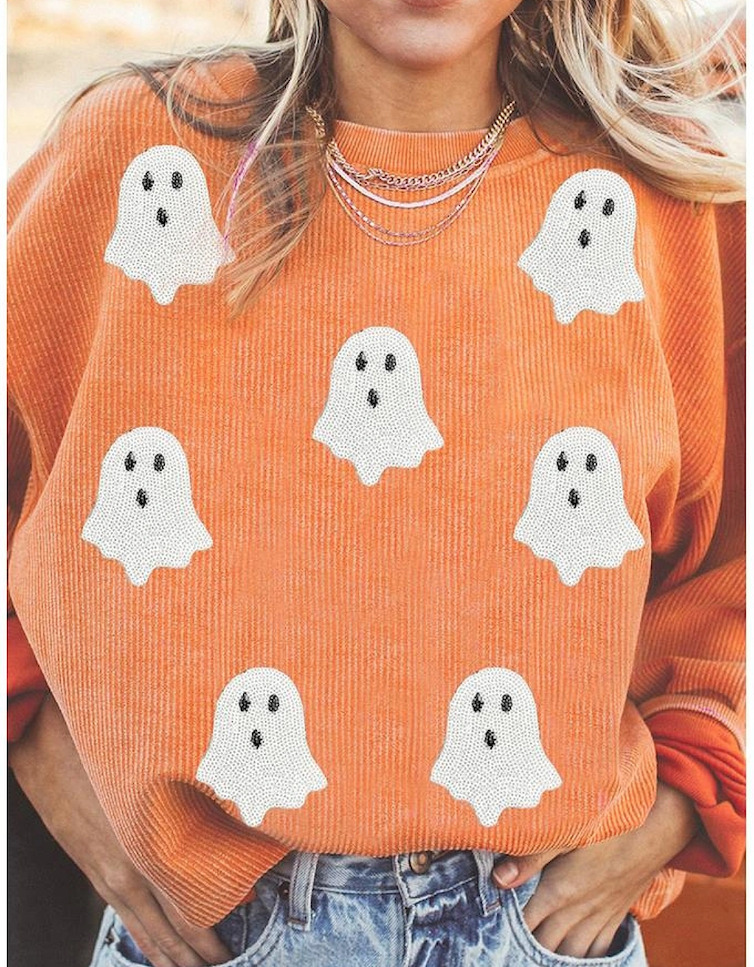 Orange Twisted Ribbed Texture Halloween Ghost Sequin Patched Sweatshirt