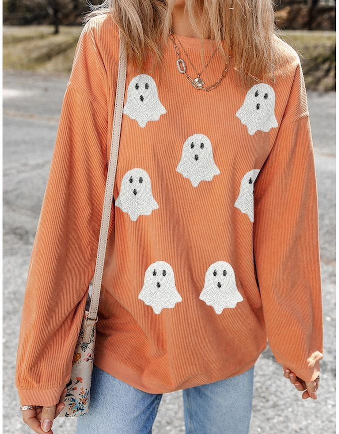 Orange Twisted Ribbed Texture Halloween Ghost Sequin Patched Sweatshirt