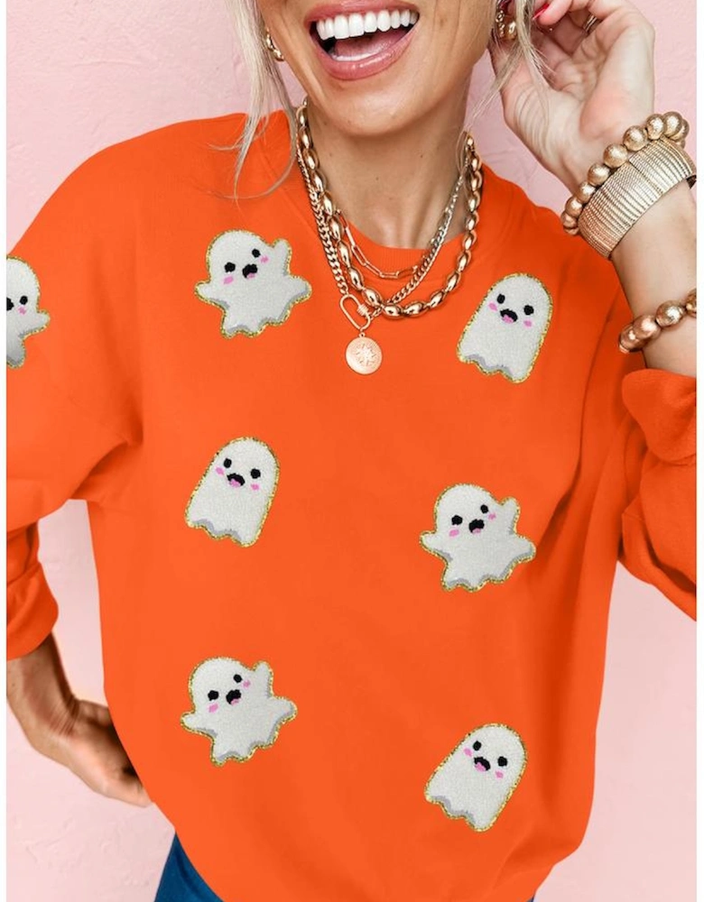 Orange Halloween Ghost Cute Patched Pattern Holiday Sweatshirt