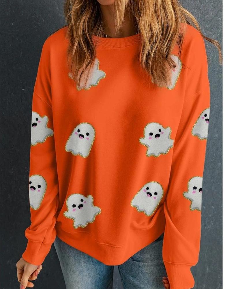 Orange Halloween Ghost Cute Patched Pattern Holiday Sweatshirt