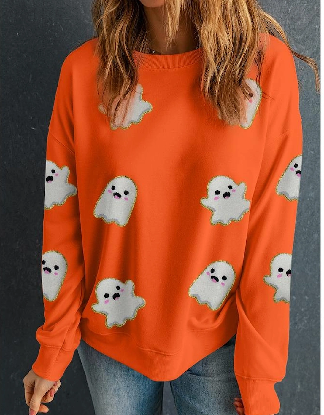 Orange Halloween Ghost Cute Patched Pattern Holiday Sweatshirt