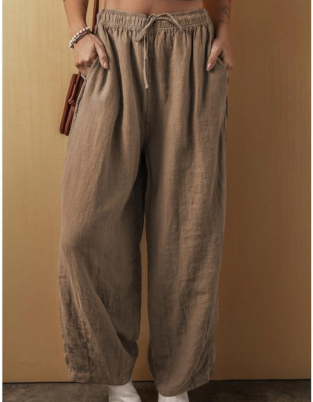 Desert Palm Cotton Linen Drawstring Waist Wide Leg Pants