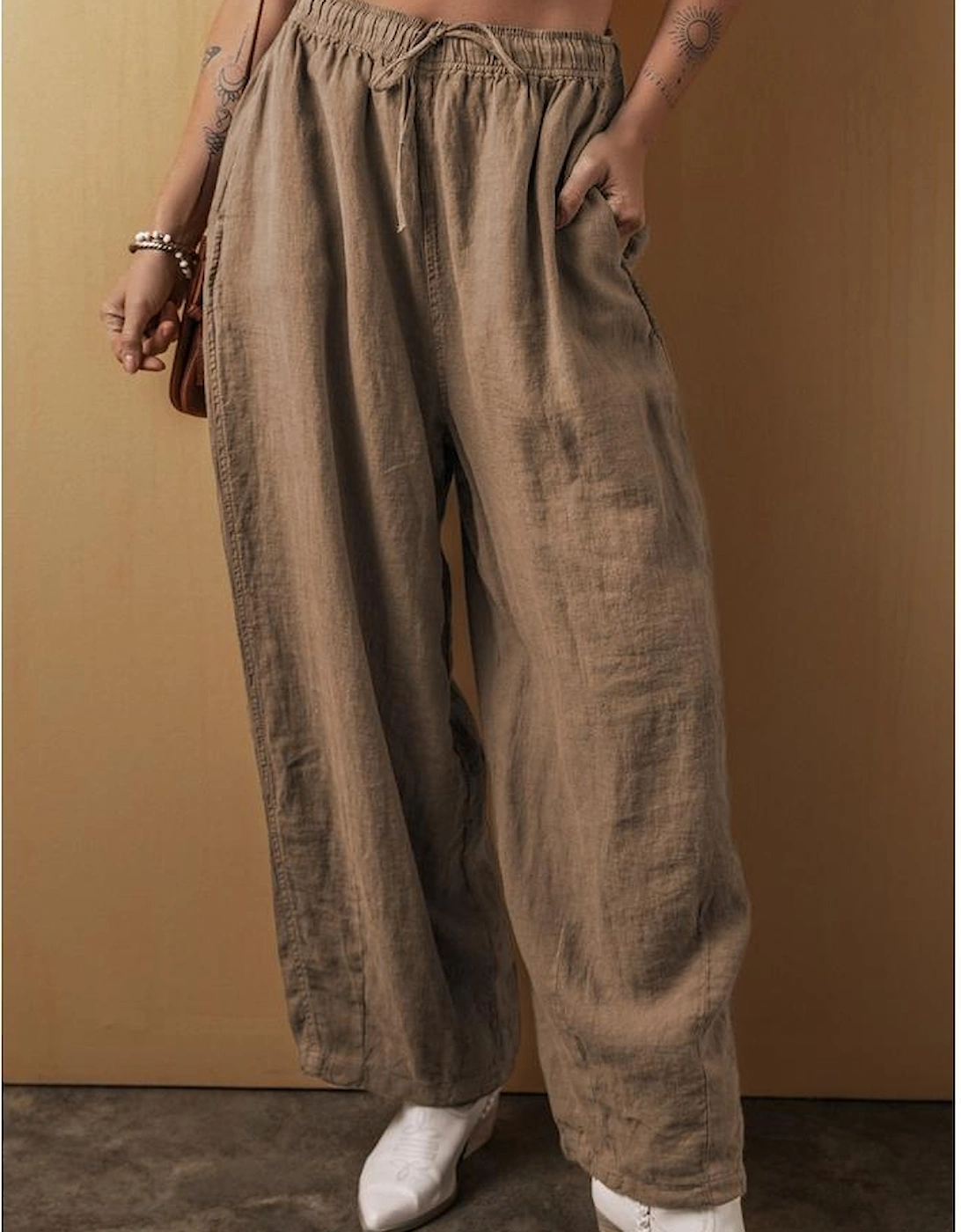 Desert Palm Cotton Linen Drawstring Waist Wide Leg Pants