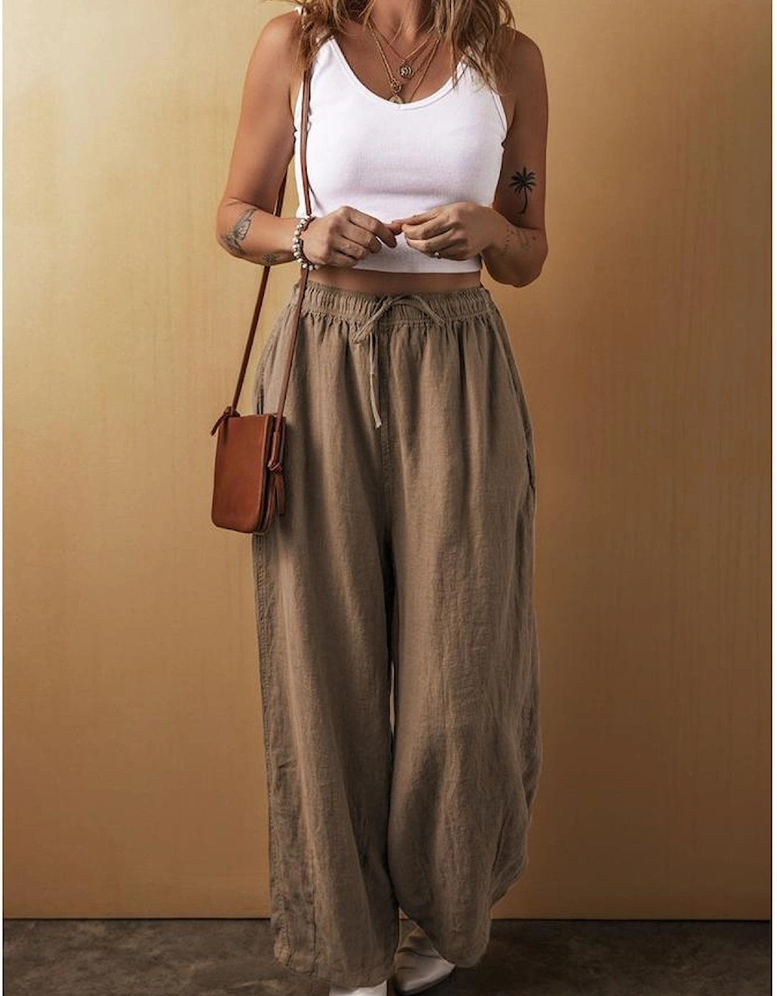 Desert Palm Cotton Linen Drawstring Waist Wide Leg Pants