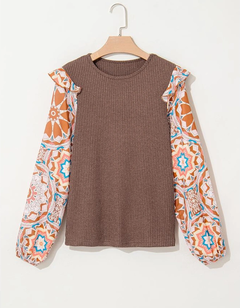 Coffee Ruffled Floral Sleeve Patchwork Waffle Knit O Neck Blouse