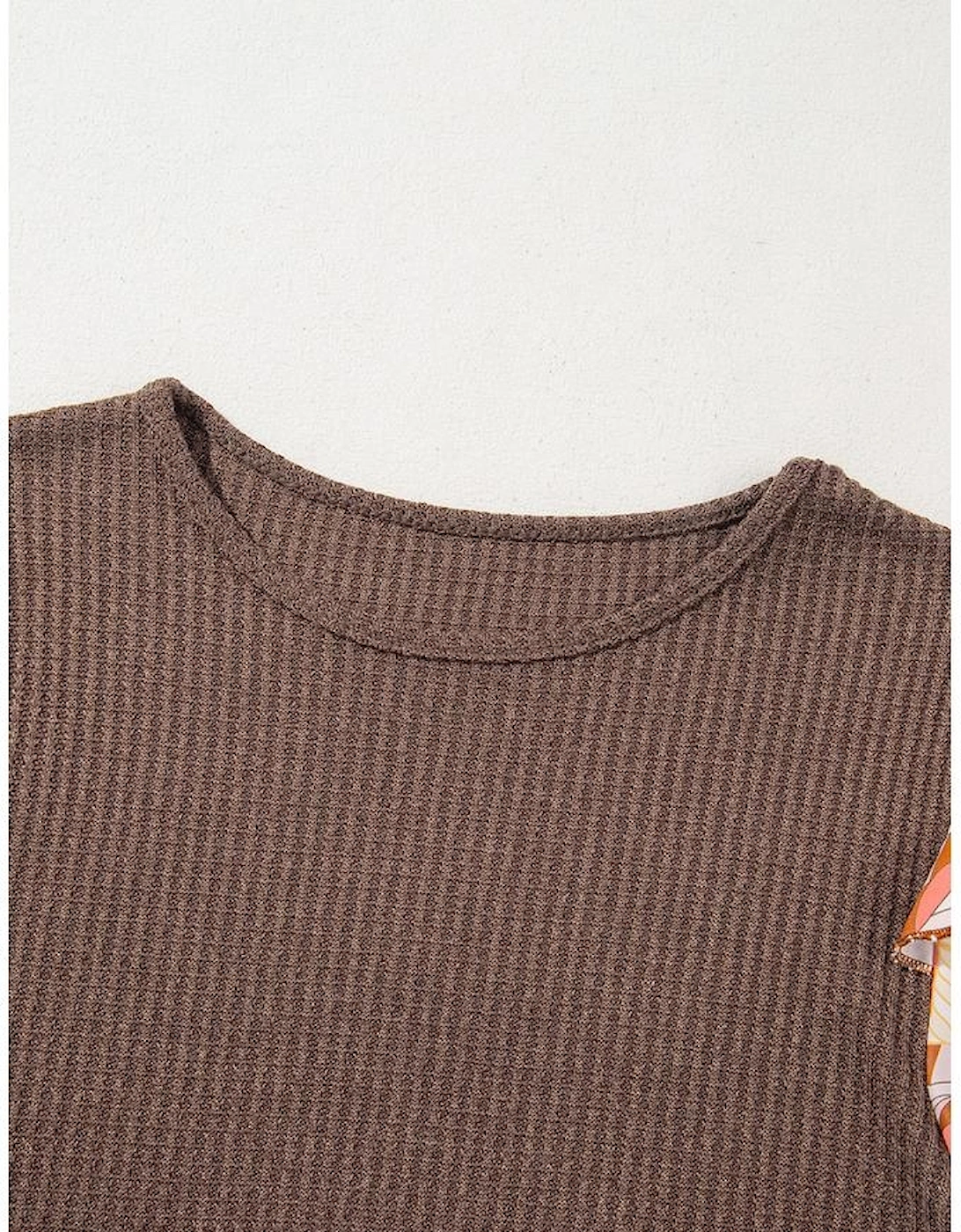 Coffee Ruffled Floral Sleeve Patchwork Waffle Knit O Neck Blouse