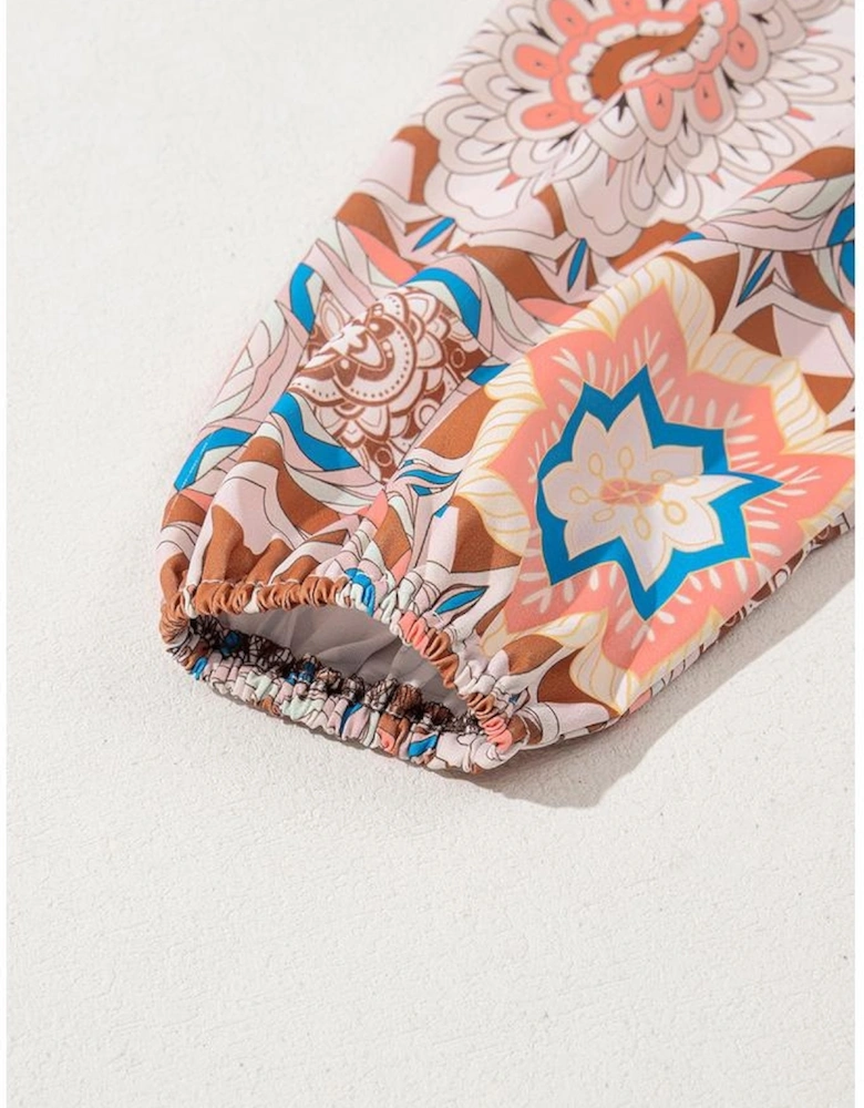 Coffee Ruffled Floral Sleeve Patchwork Waffle Knit O Neck Blouse