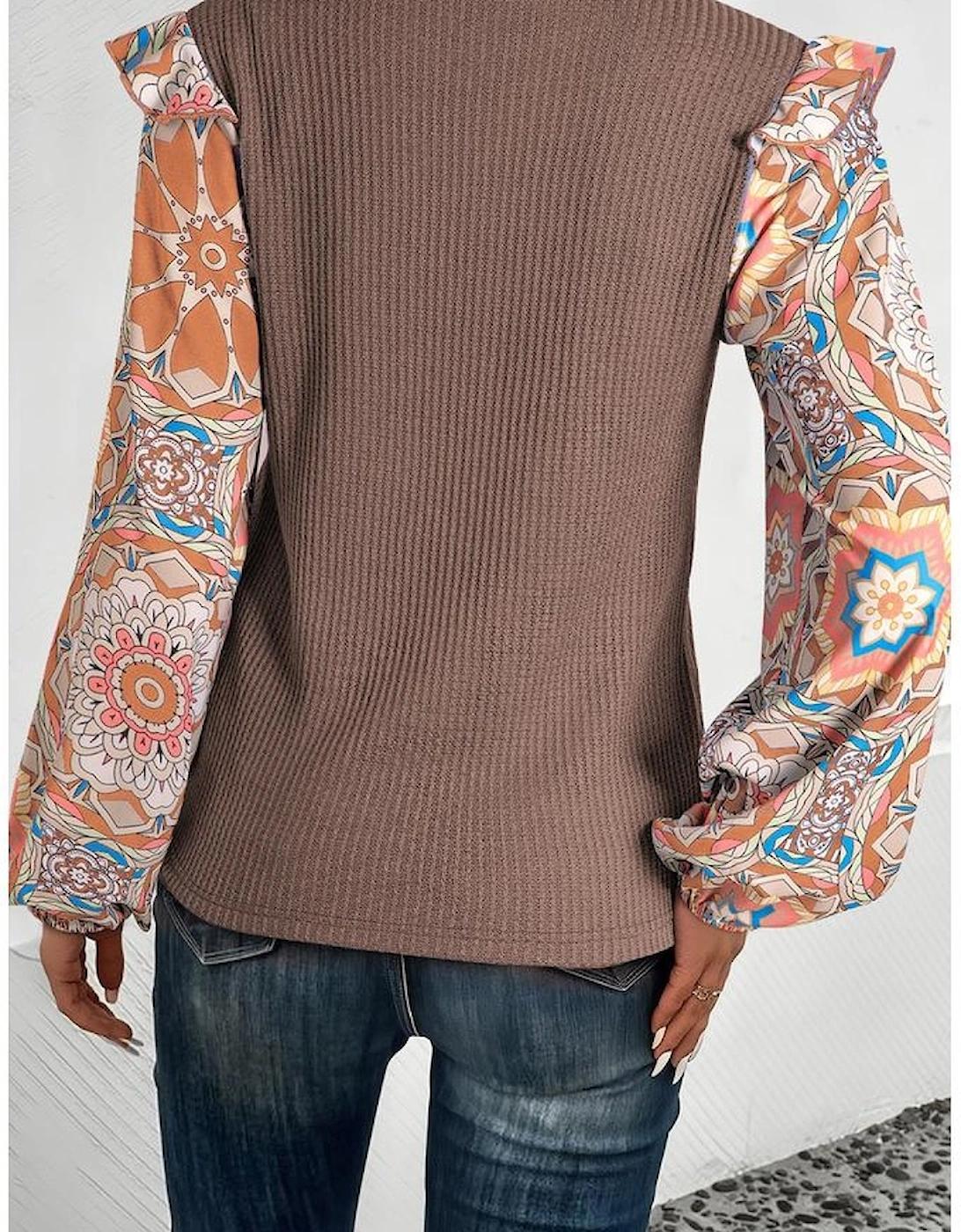 Coffee Ruffled Floral Sleeve Patchwork Waffle Knit O Neck Blouse