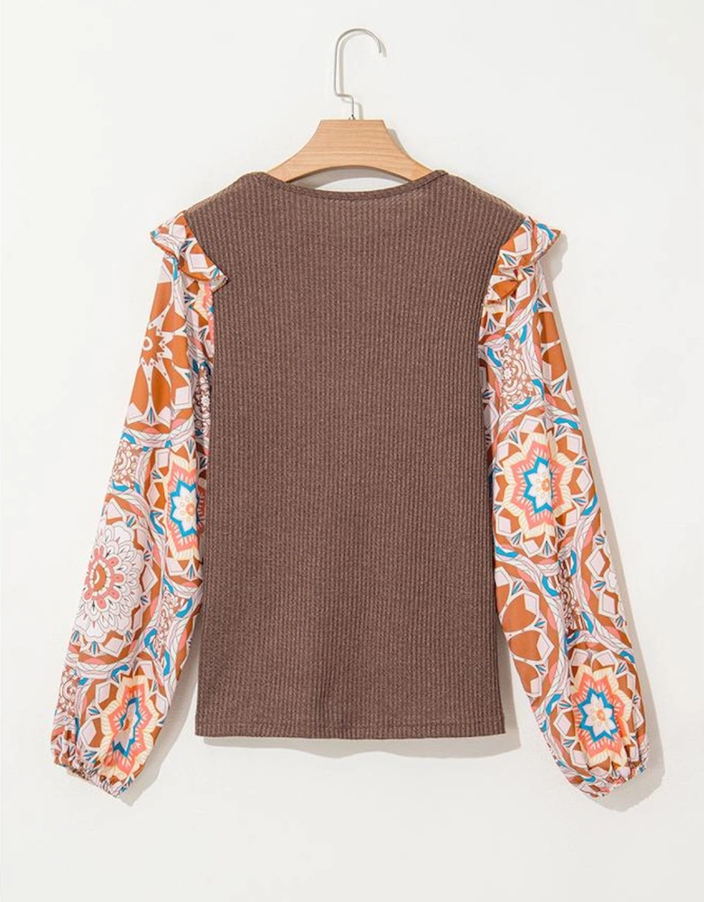 Coffee Ruffled Floral Sleeve Patchwork Waffle Knit O Neck Blouse