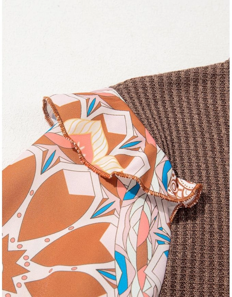 Coffee Ruffled Floral Sleeve Patchwork Waffle Knit O Neck Blouse