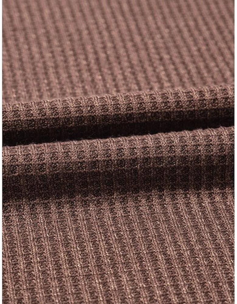 Coffee Ruffled Floral Sleeve Patchwork Waffle Knit O Neck Blouse