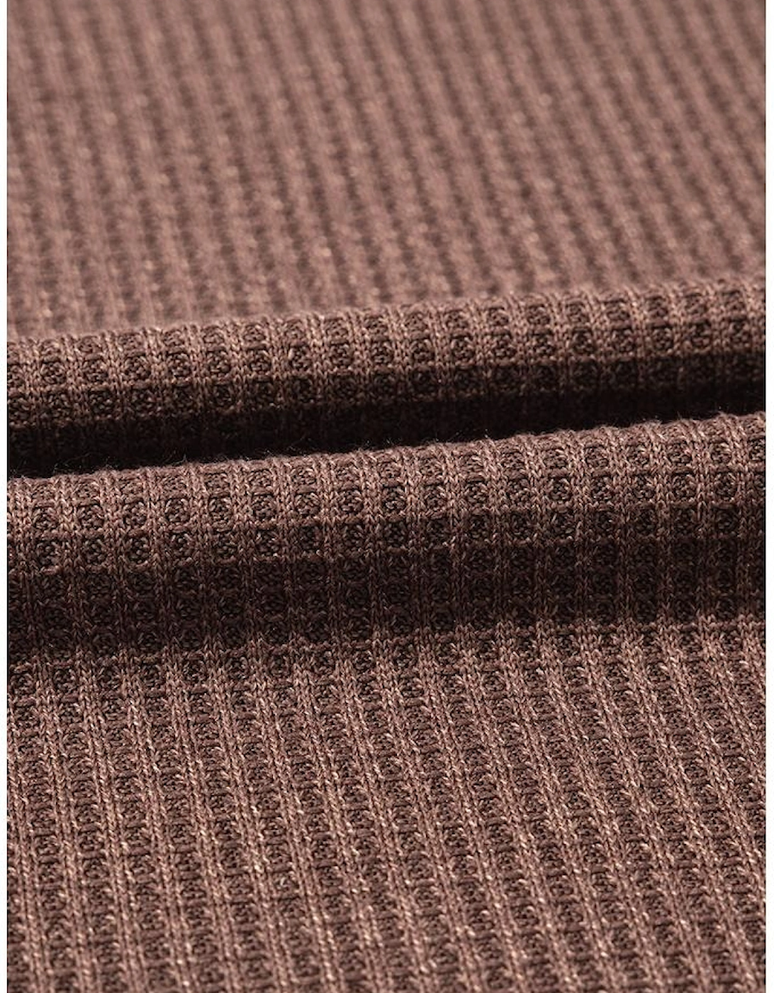 Coffee Ruffled Floral Sleeve Patchwork Waffle Knit O Neck Blouse