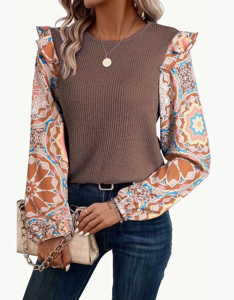 Coffee Ruffled Floral Sleeve Patchwork Waffle Knit O Neck Blouse