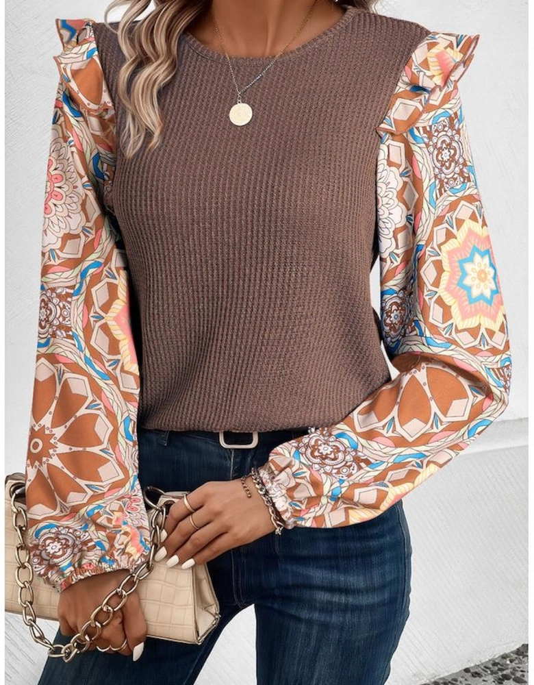 Coffee Ruffled Floral Sleeve Patchwork Waffle Knit O Neck Blouse