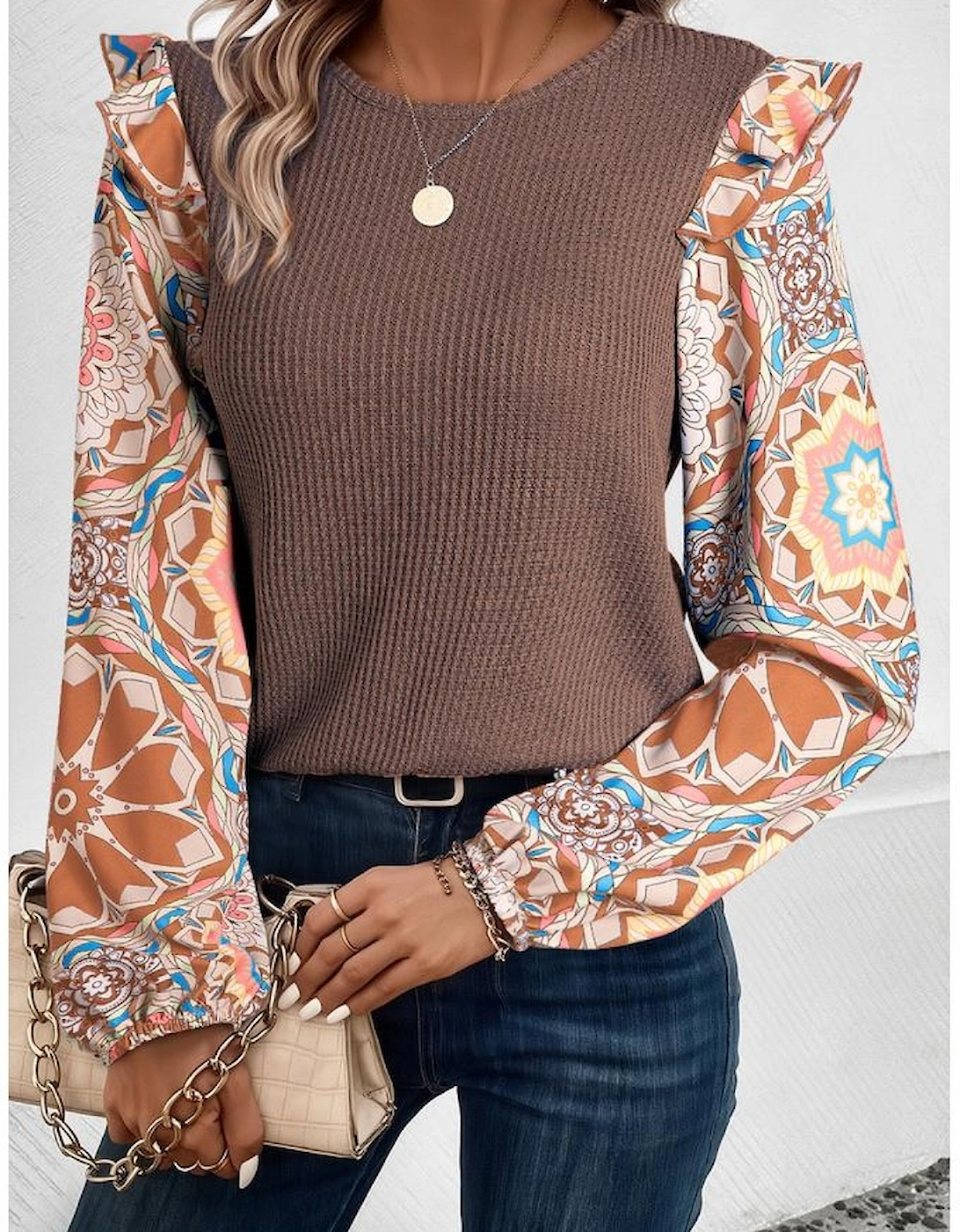 Coffee Ruffled Floral Sleeve Patchwork Waffle Knit O Neck Blouse