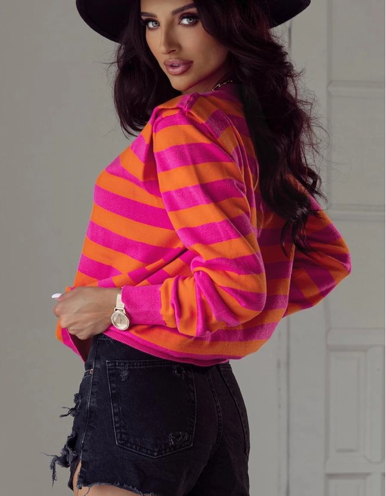 Rose Stripe Shoulder Pad Round Neck Sweater