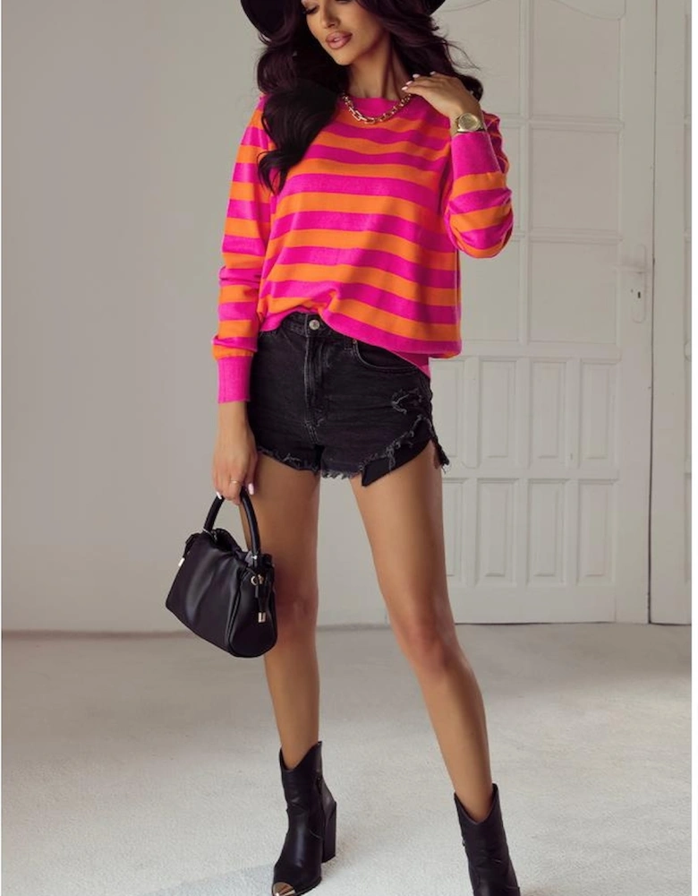 Rose Stripe Shoulder Pad Round Neck Sweater