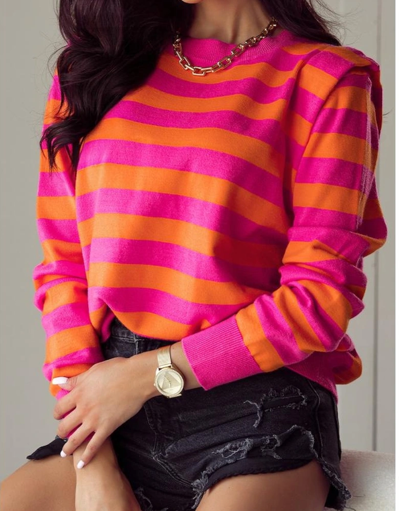 Rose Stripe Shoulder Pad Round Neck Sweater