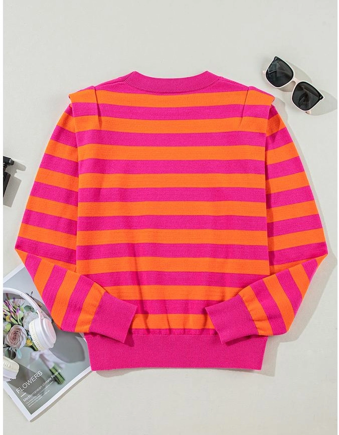 Rose Stripe Shoulder Pad Round Neck Sweater