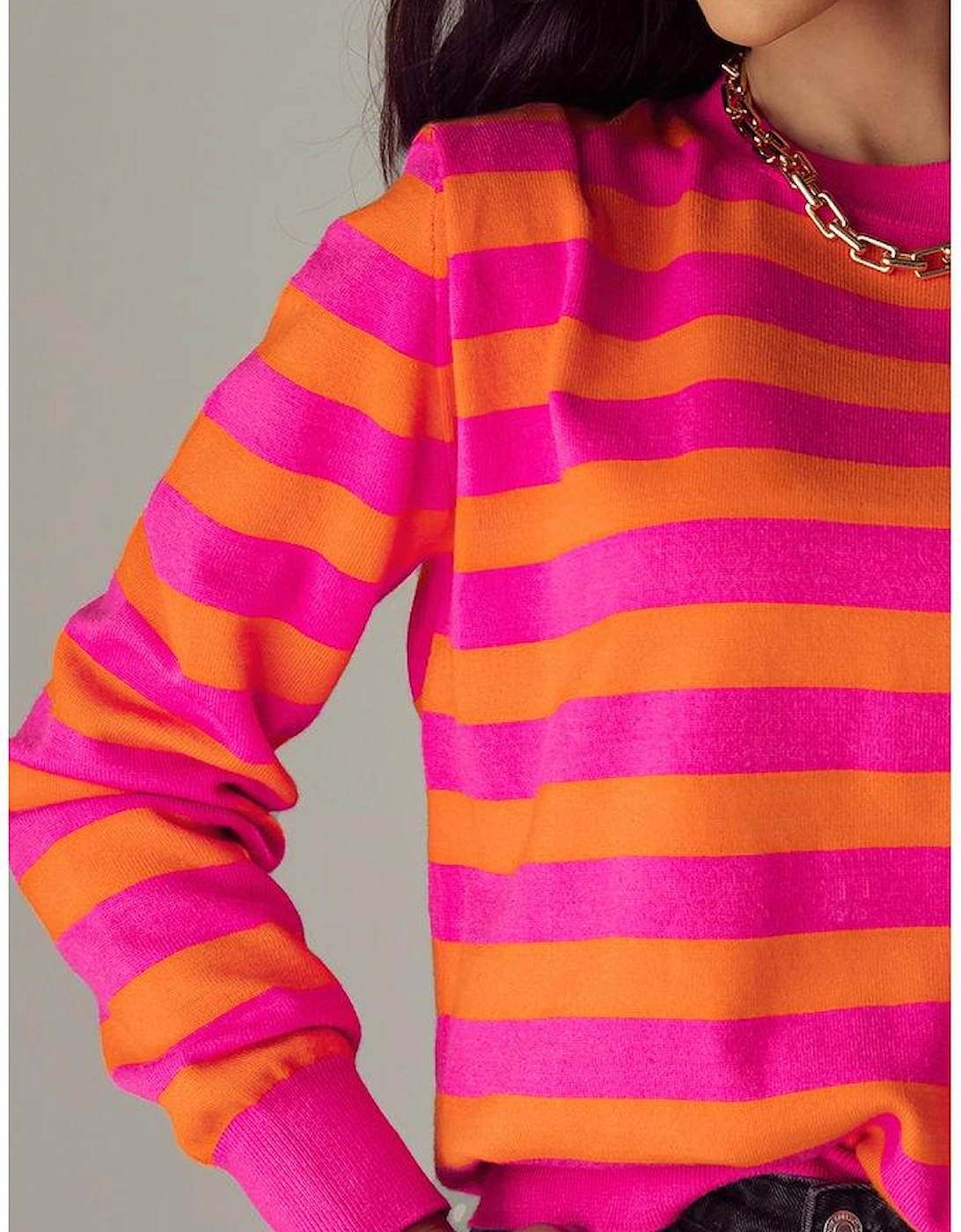 Rose Stripe Shoulder Pad Round Neck Sweater