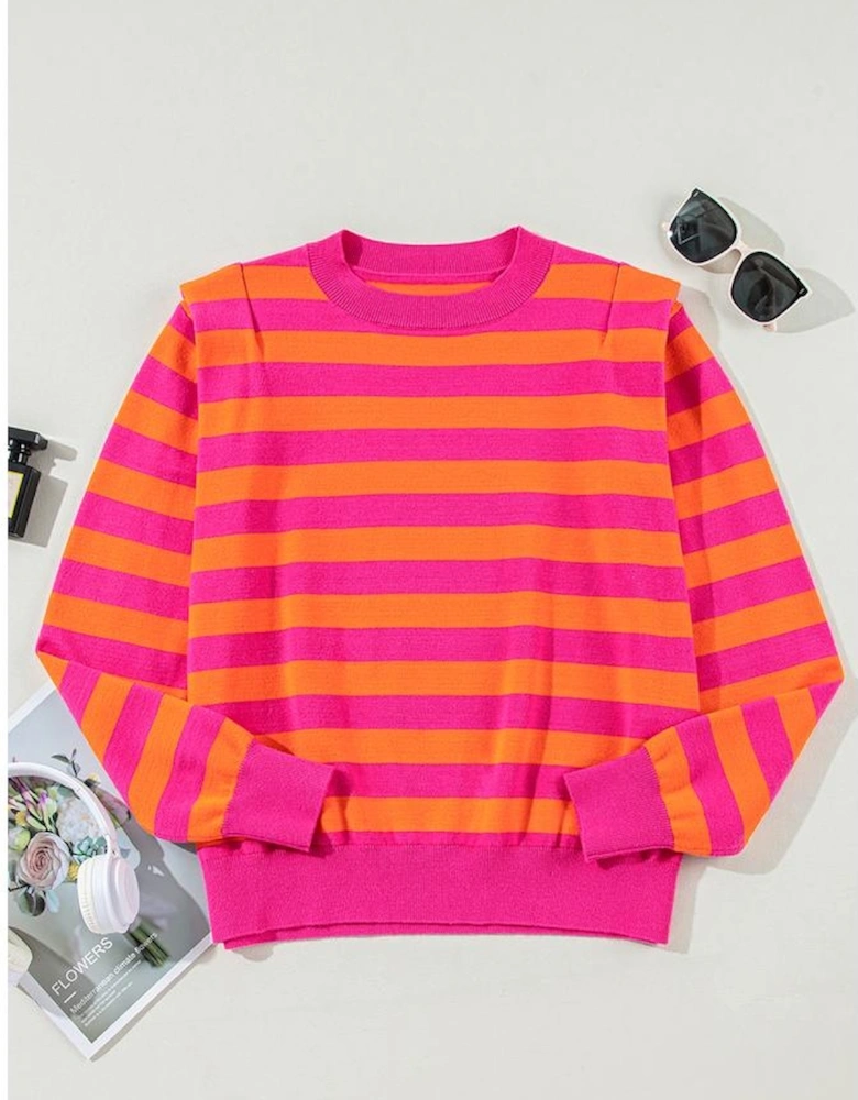 Rose Stripe Shoulder Pad Round Neck Sweater