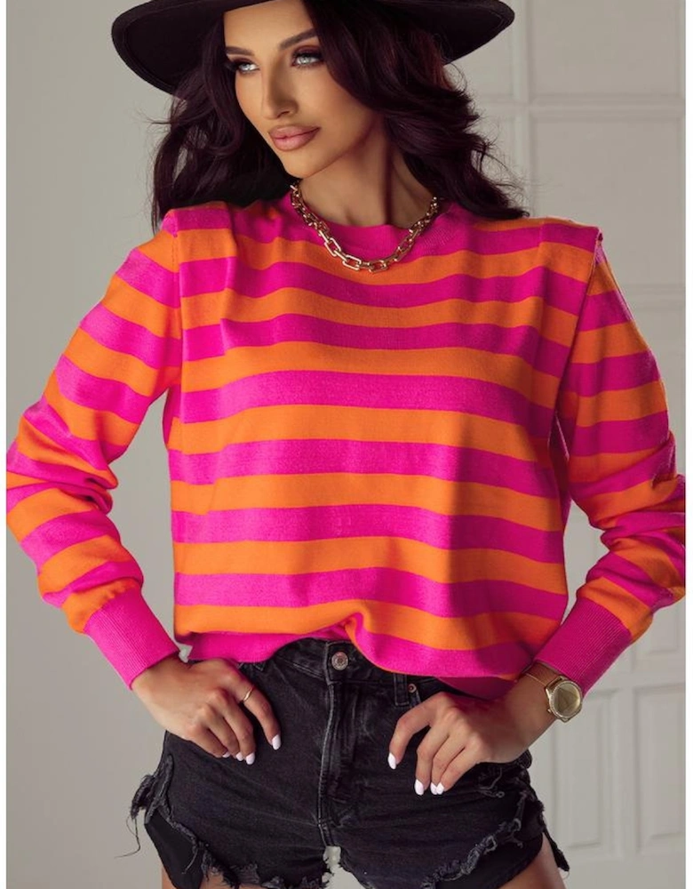 Rose Stripe Shoulder Pad Round Neck Sweater
