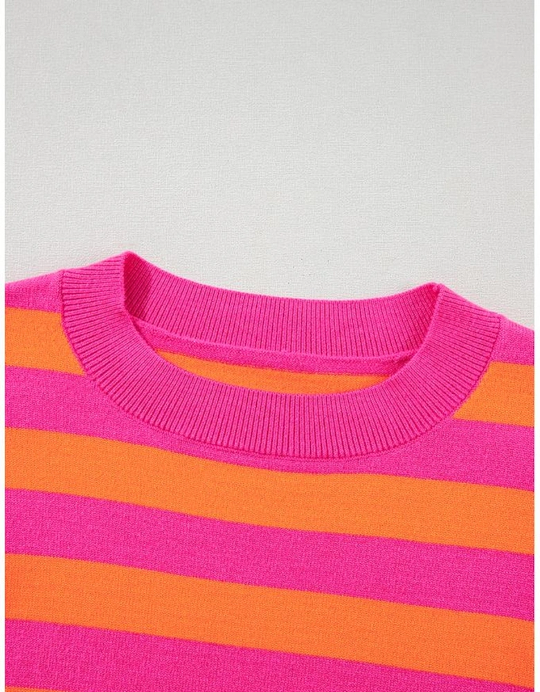 Rose Stripe Shoulder Pad Round Neck Sweater