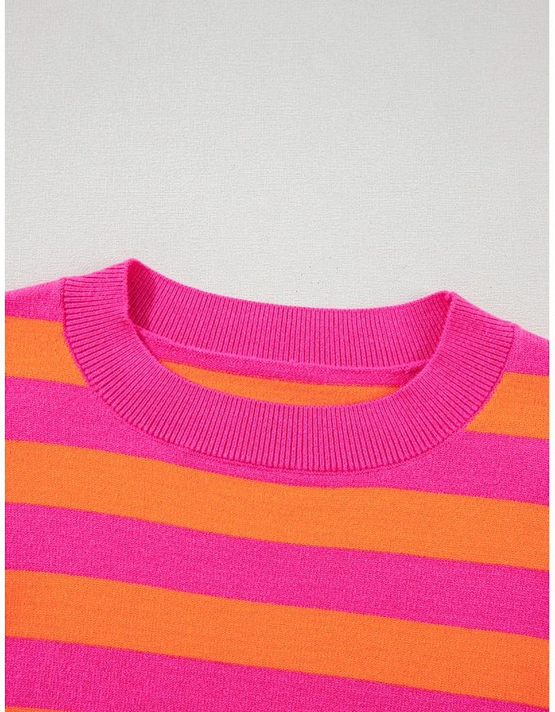 Rose Stripe Shoulder Pad Round Neck Sweater