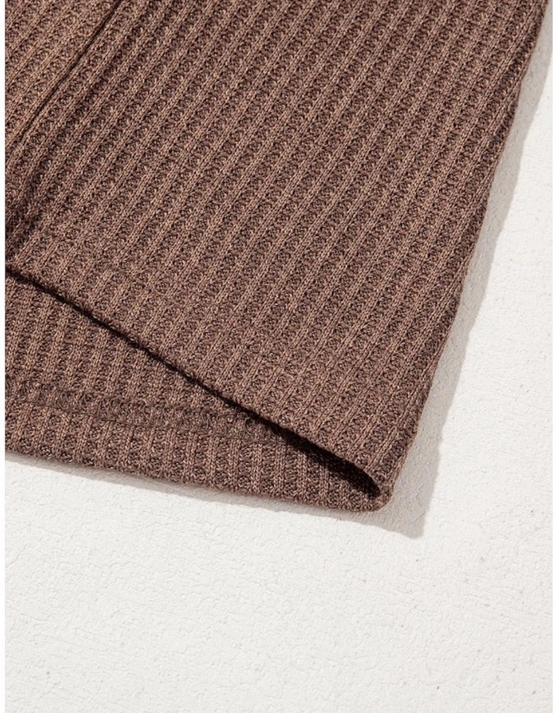 Coffee Ruffled Floral Sleeve Patchwork Waffle Knit O Neck Blouse