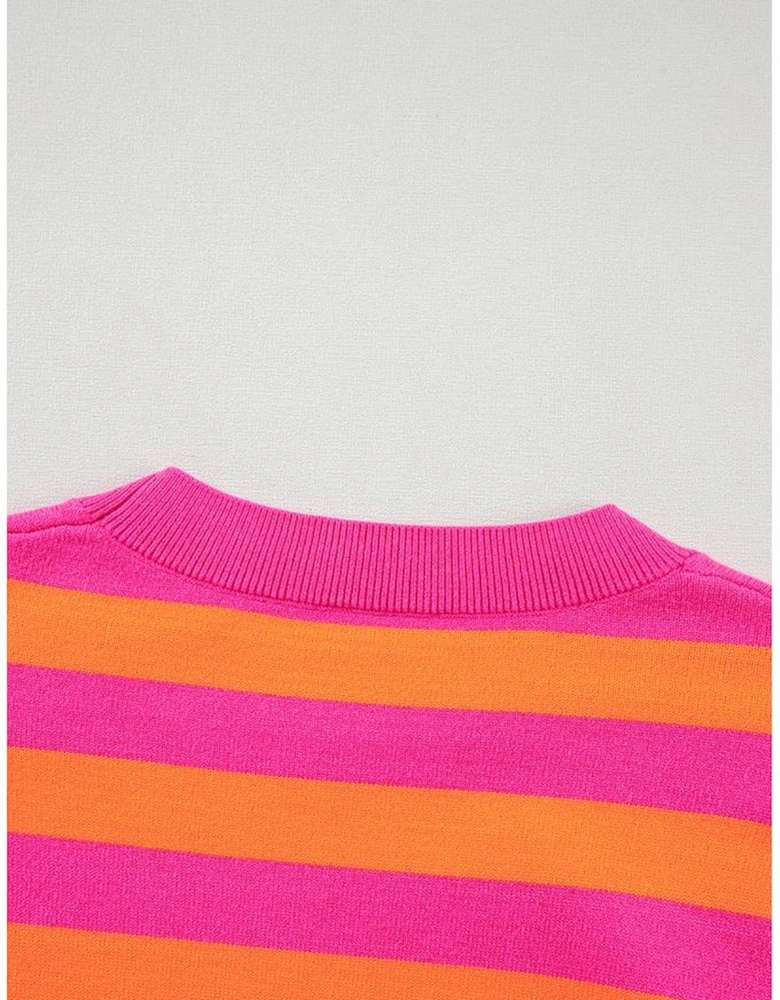 Rose Stripe Shoulder Pad Round Neck Sweater