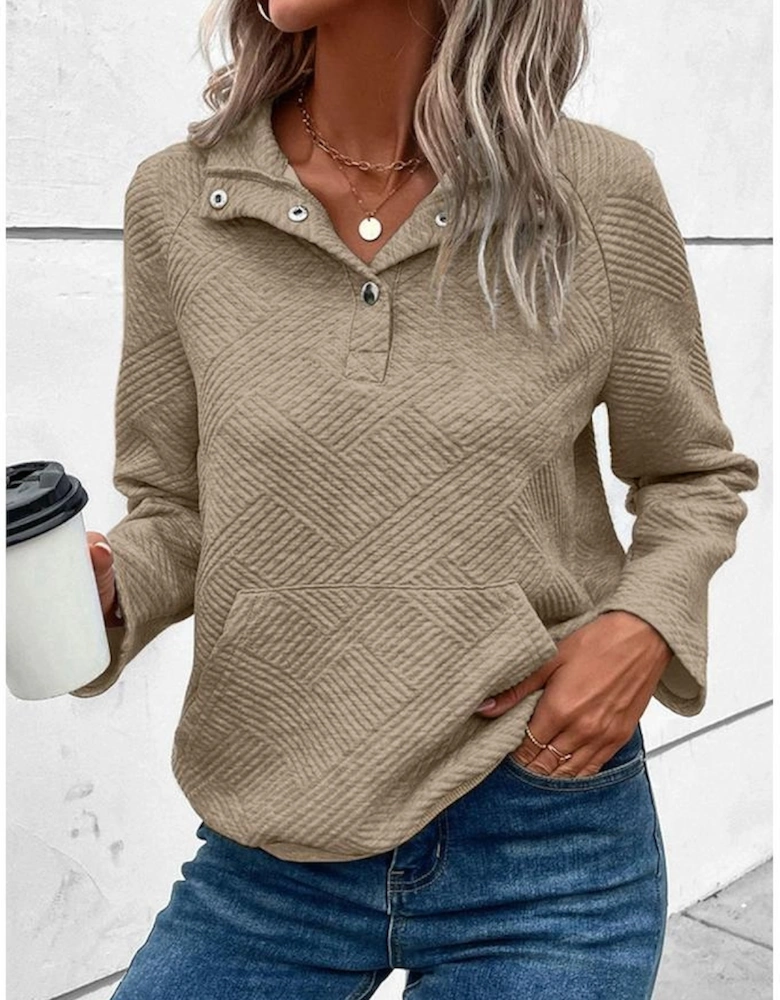 Pale Khaki Textured Knit Buttoned Kangaroo Pocket Sweatshirt