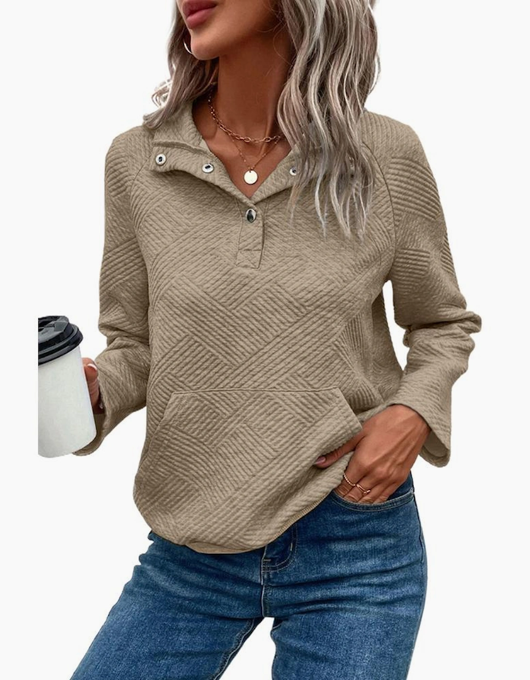Pale Khaki Textured Knit Buttoned Kangaroo Pocket Sweatshirt