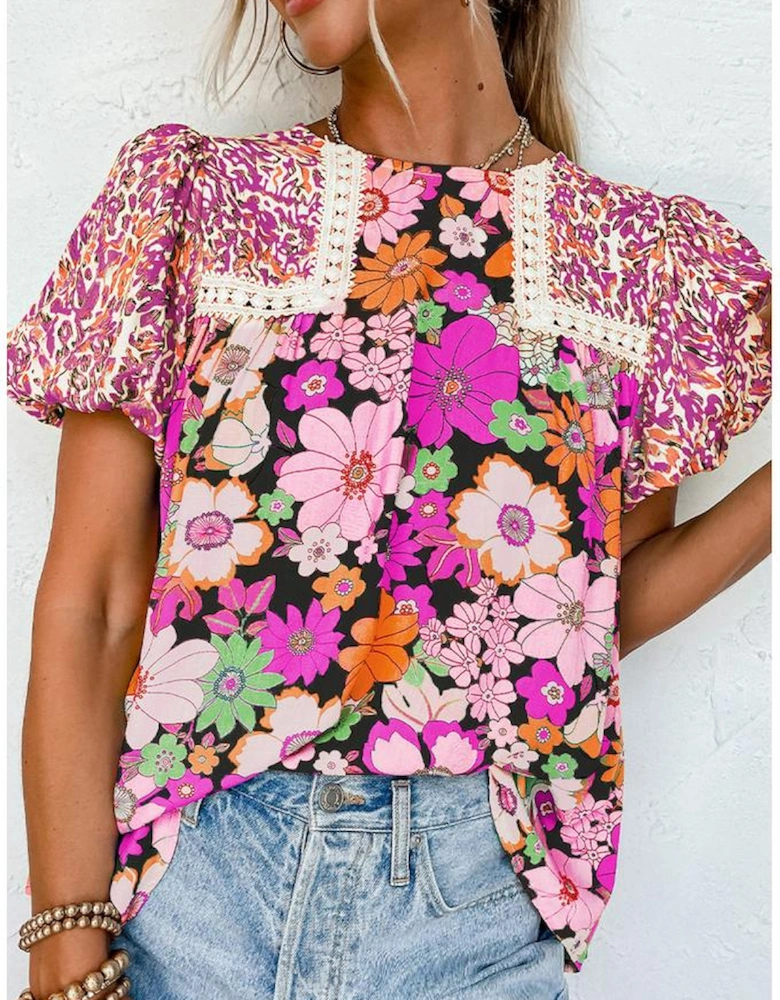 Rose Red Bubble Sleeve Lace Trim Floral Mixed Print Blouse