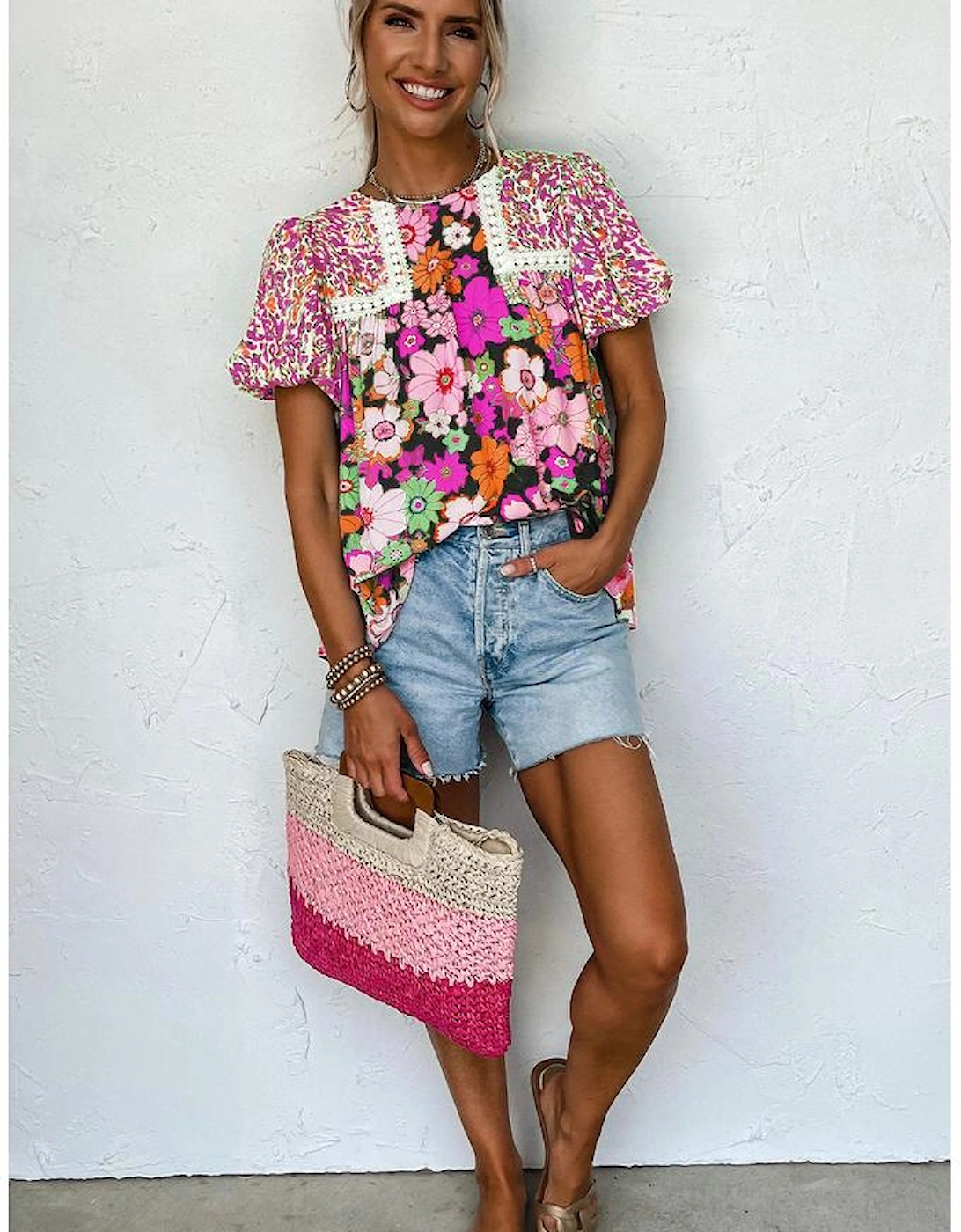 Rose Red Bubble Sleeve Lace Trim Floral Mixed Print Blouse, 5 of 4