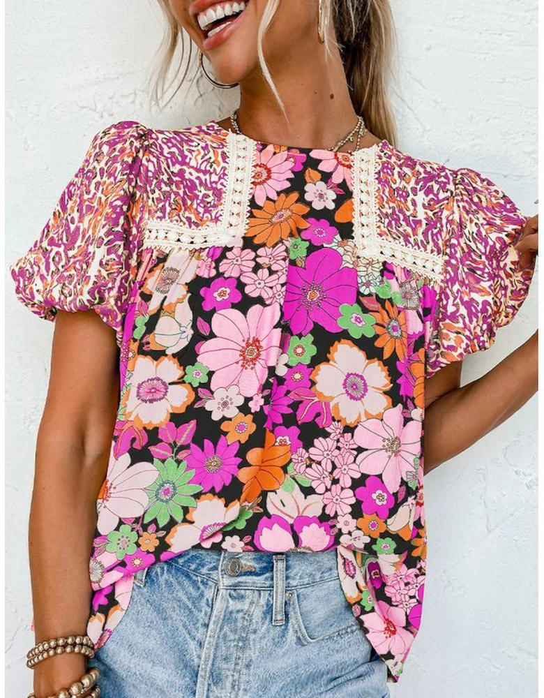 Rose Red Bubble Sleeve Lace Trim Floral Mixed Print Blouse
