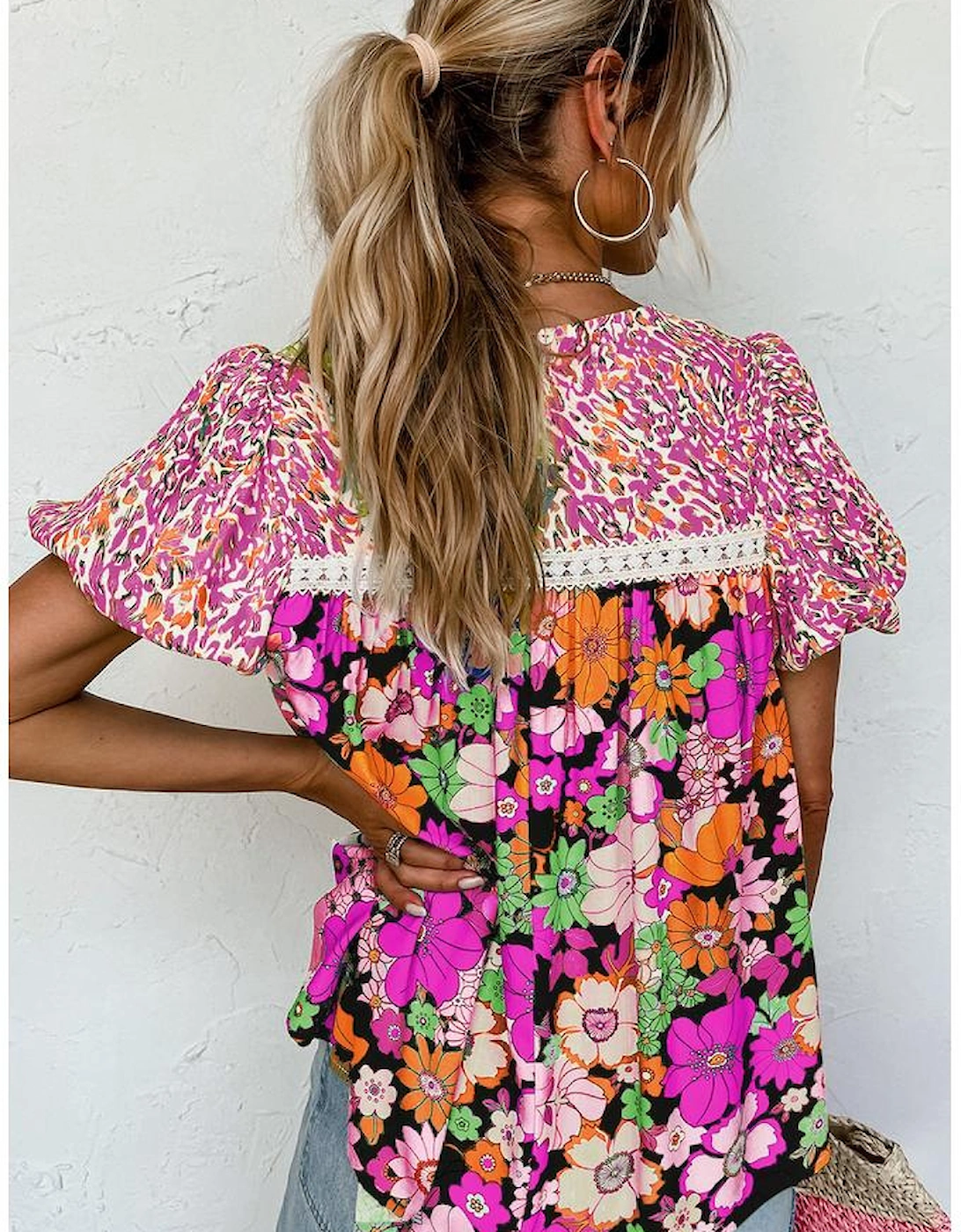 Rose Red Bubble Sleeve Lace Trim Floral Mixed Print Blouse