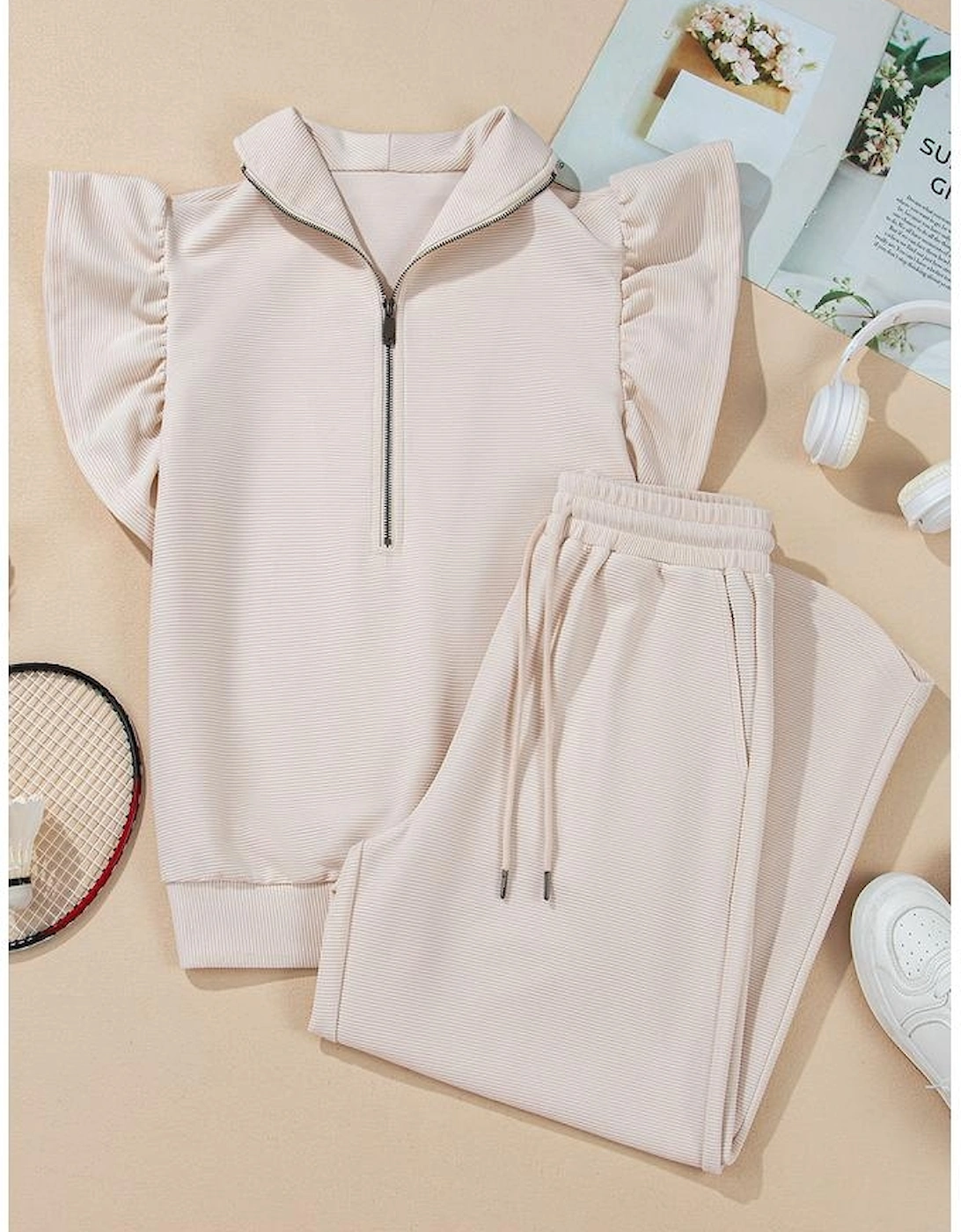 Apricot Textured Ruffled Sleeve Zipped Top and Wide Leg Pants Set