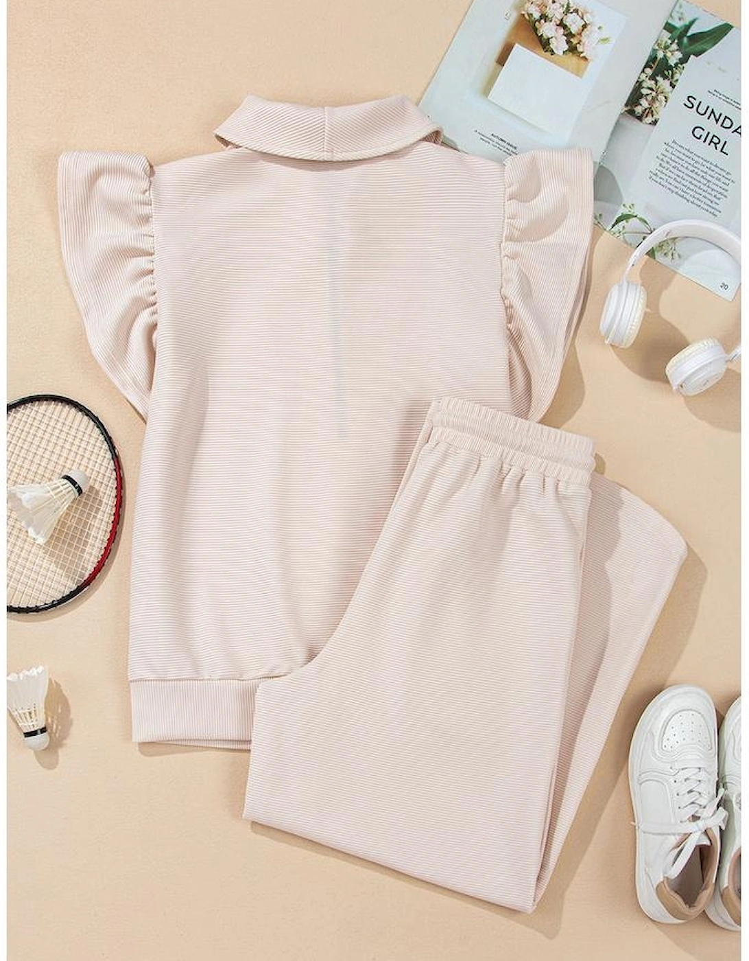 Apricot Textured Ruffled Sleeve Zipped Top and Wide Leg Pants Set