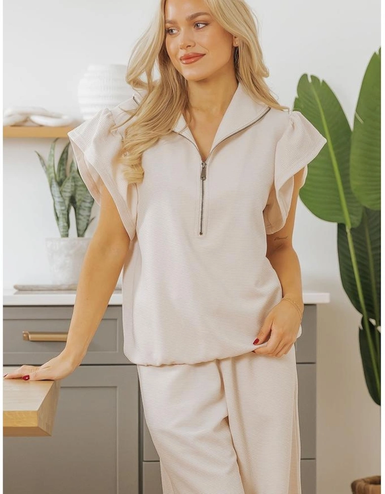 Apricot Textured Ruffled Sleeve Zipped Top and Wide Leg Pants Set
