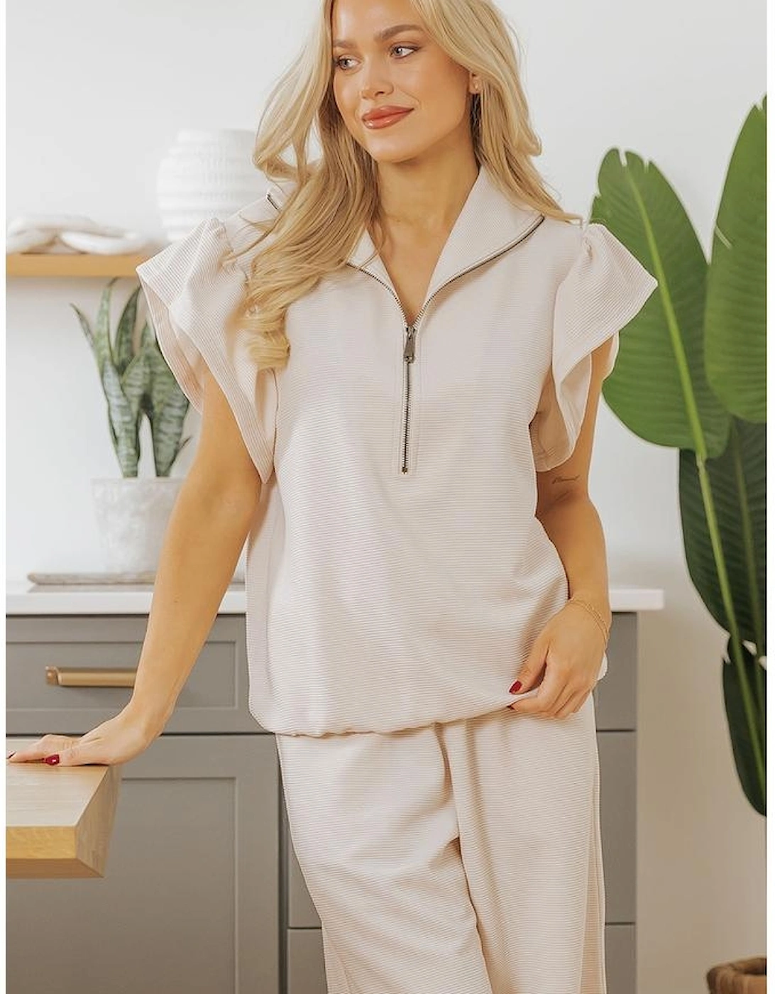 Apricot Textured Ruffled Sleeve Zipped Top and Wide Leg Pants Set