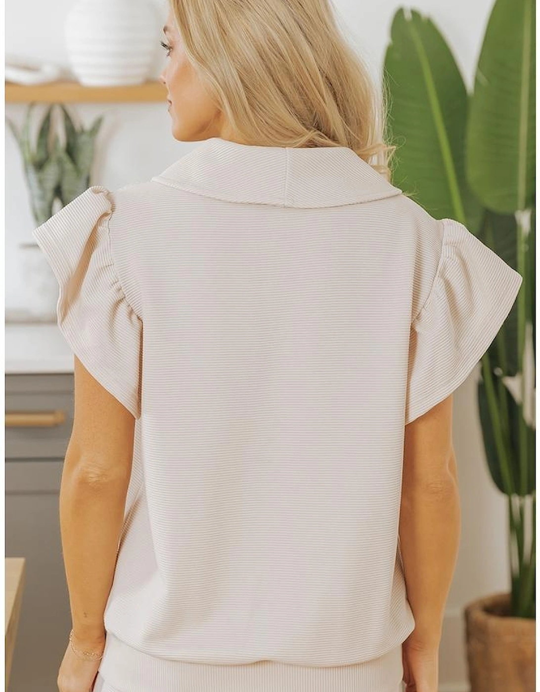 Apricot Textured Ruffled Sleeve Zipped Top and Wide Leg Pants Set